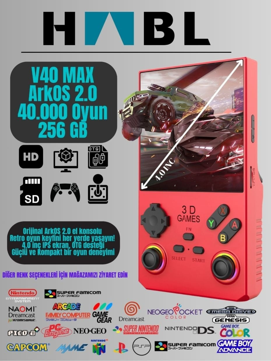 Habl V40 Max Arkos 2.0 +40.000 Oyunlu El Konsolu 256 GB Taşınabilir Retro Oyun Konsolu Kırmızı