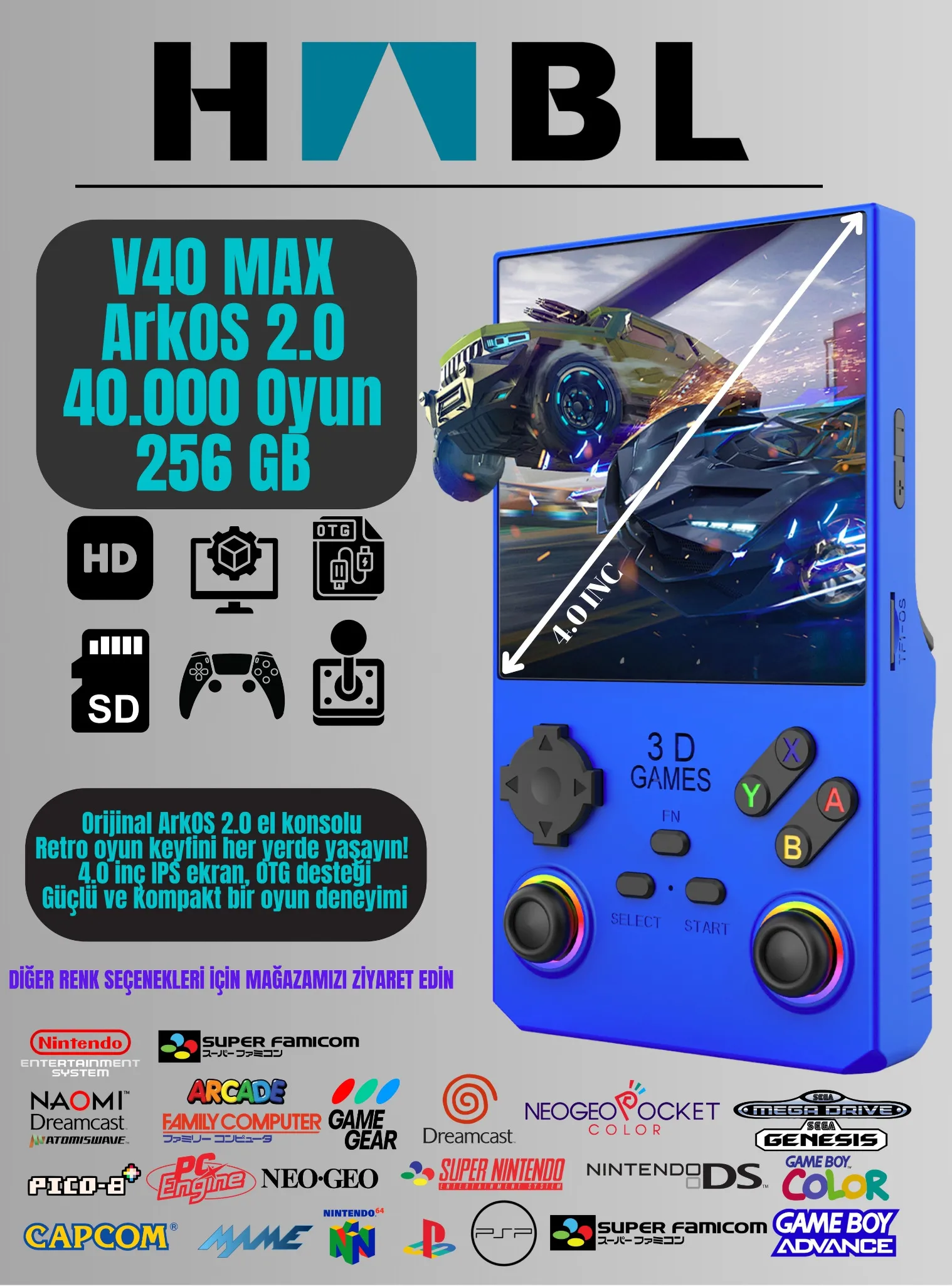 Habl V40 Max Arkos 2.0 +40.000 Oyunlu El Konsolu 256 GB Taşınabilir Retro Oyun Konsolu Mavi
