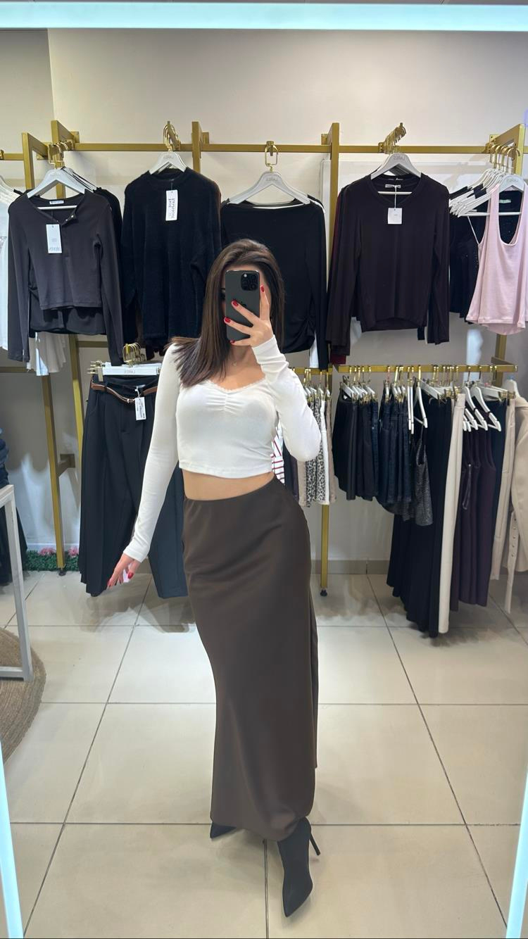 Acıkahve Renk Maxi Zara Crep Floş Saten Etek
