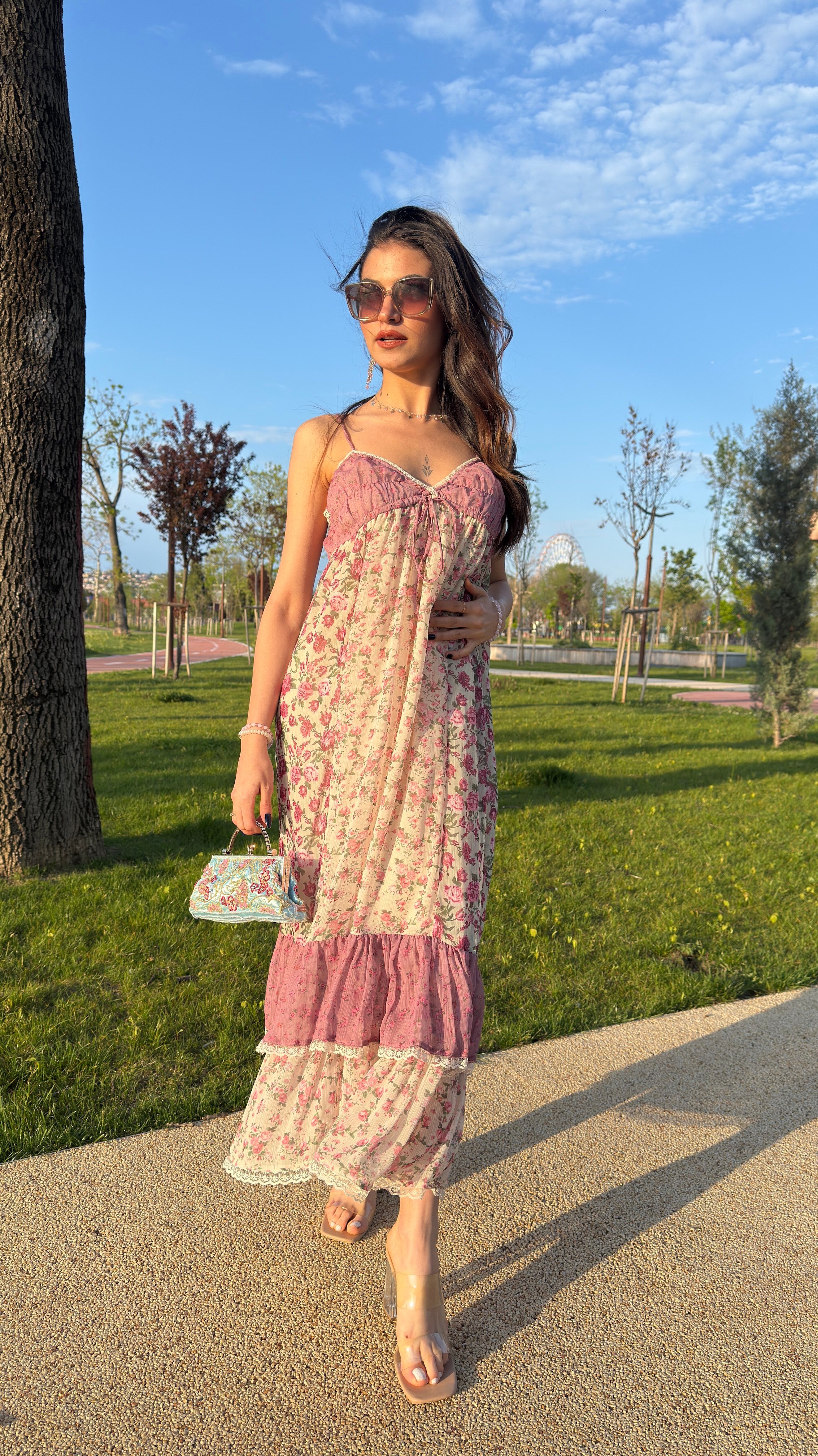BAHAR ÇİÇEKLİ PINTEREST ELBİSE - PEMBE