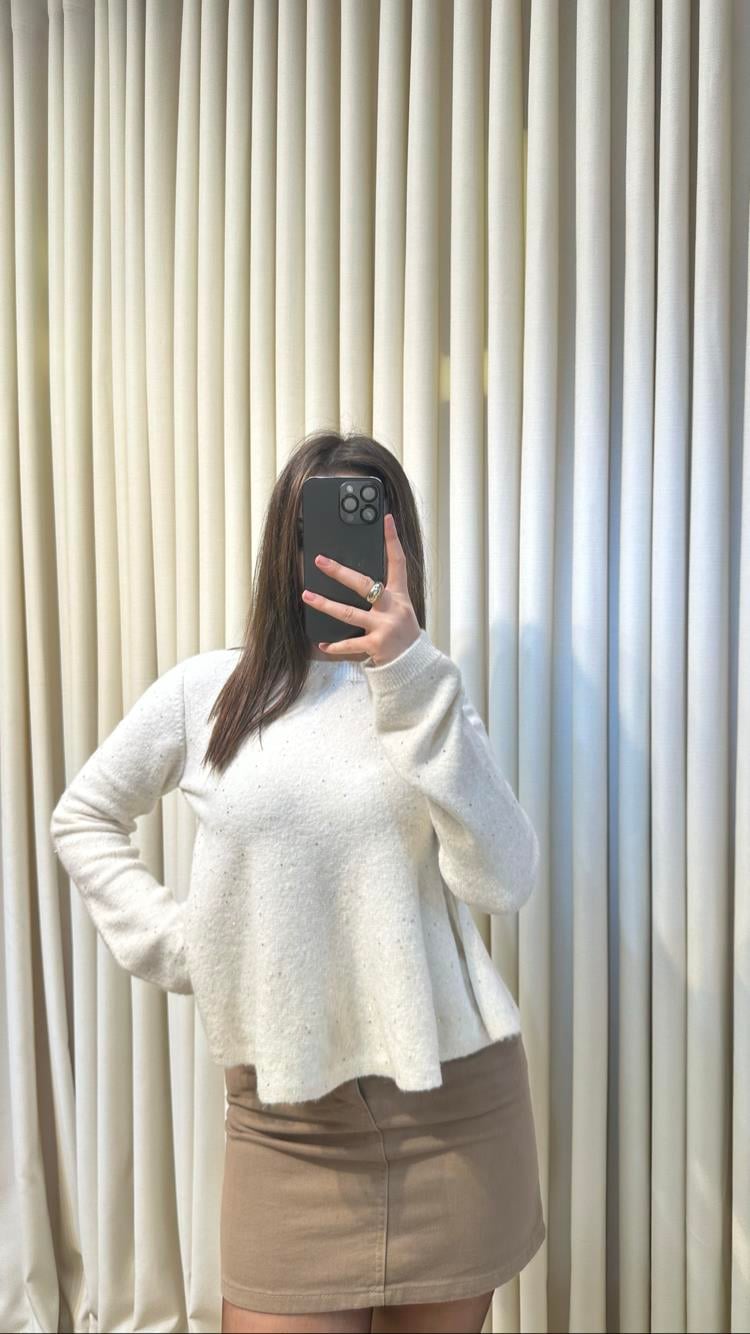 Bej Renk Parıltılı Peplum Triko