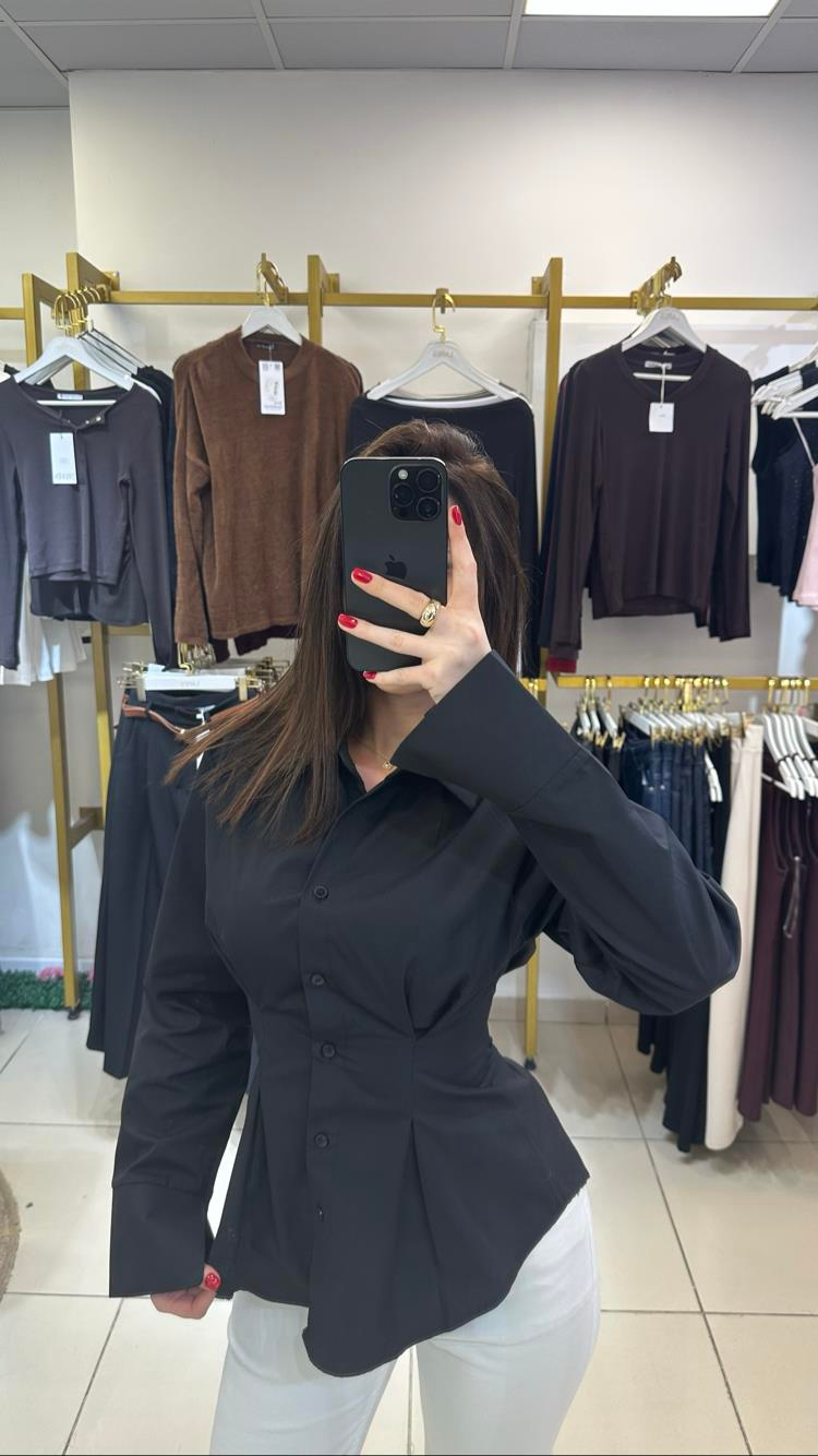Belden Oturtmalı Siyah Renk Premium Poplin Gömlek