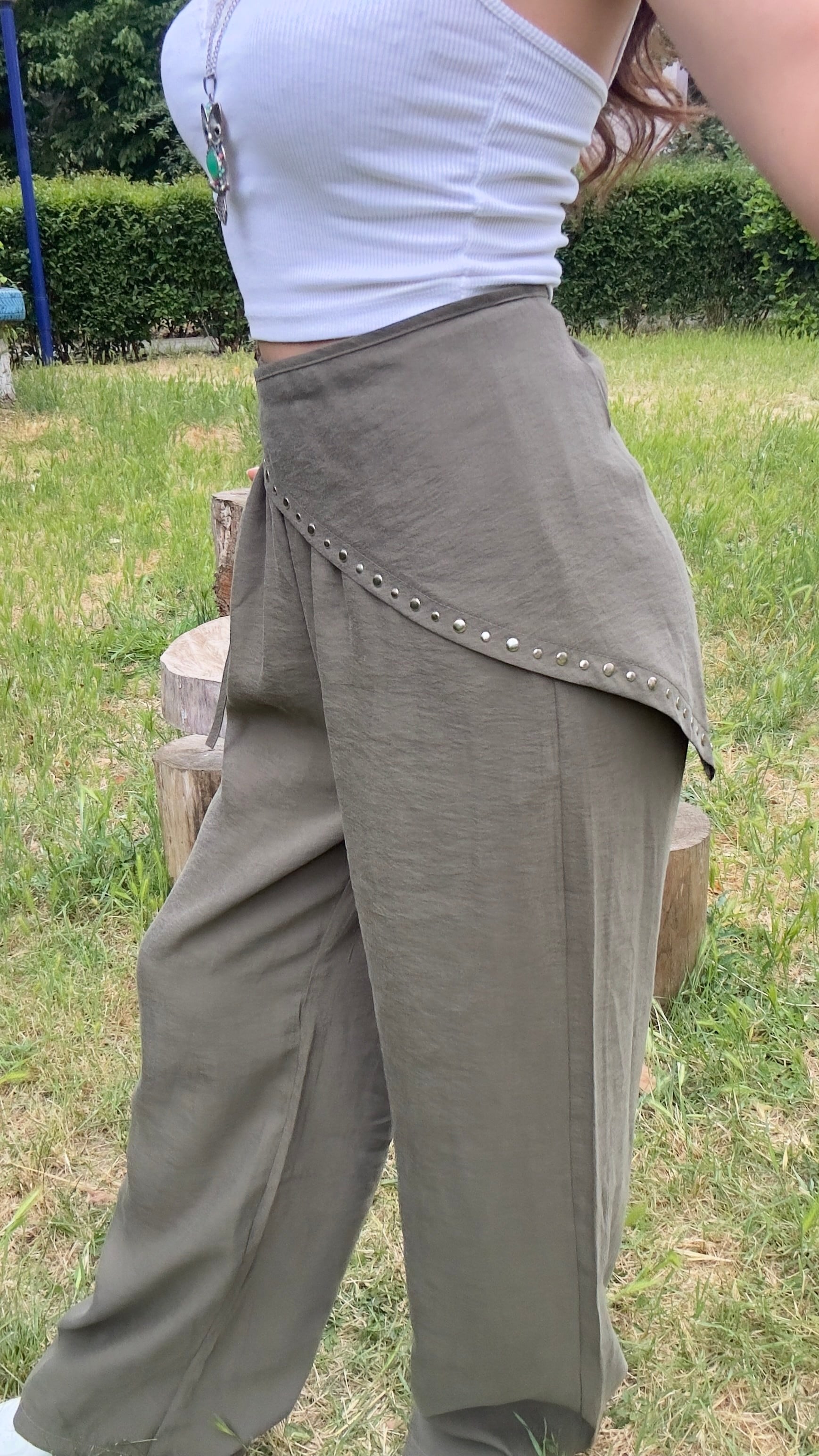 MARKA MUADİLİ FULARLI TENSEL PANTOLON - HAKİ