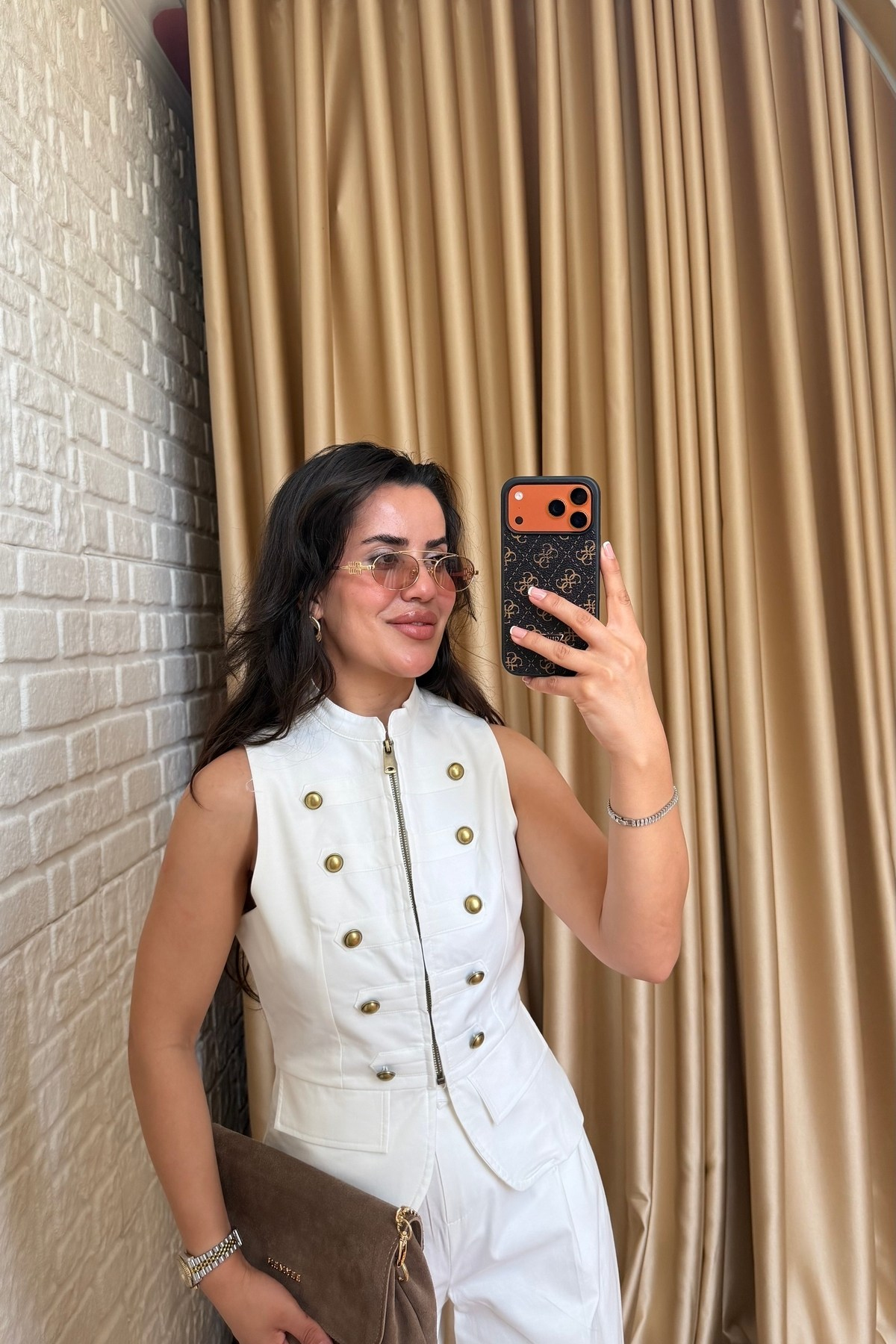 Gold Düğme Detaylı Yelek & Pantolon Takım - Krem