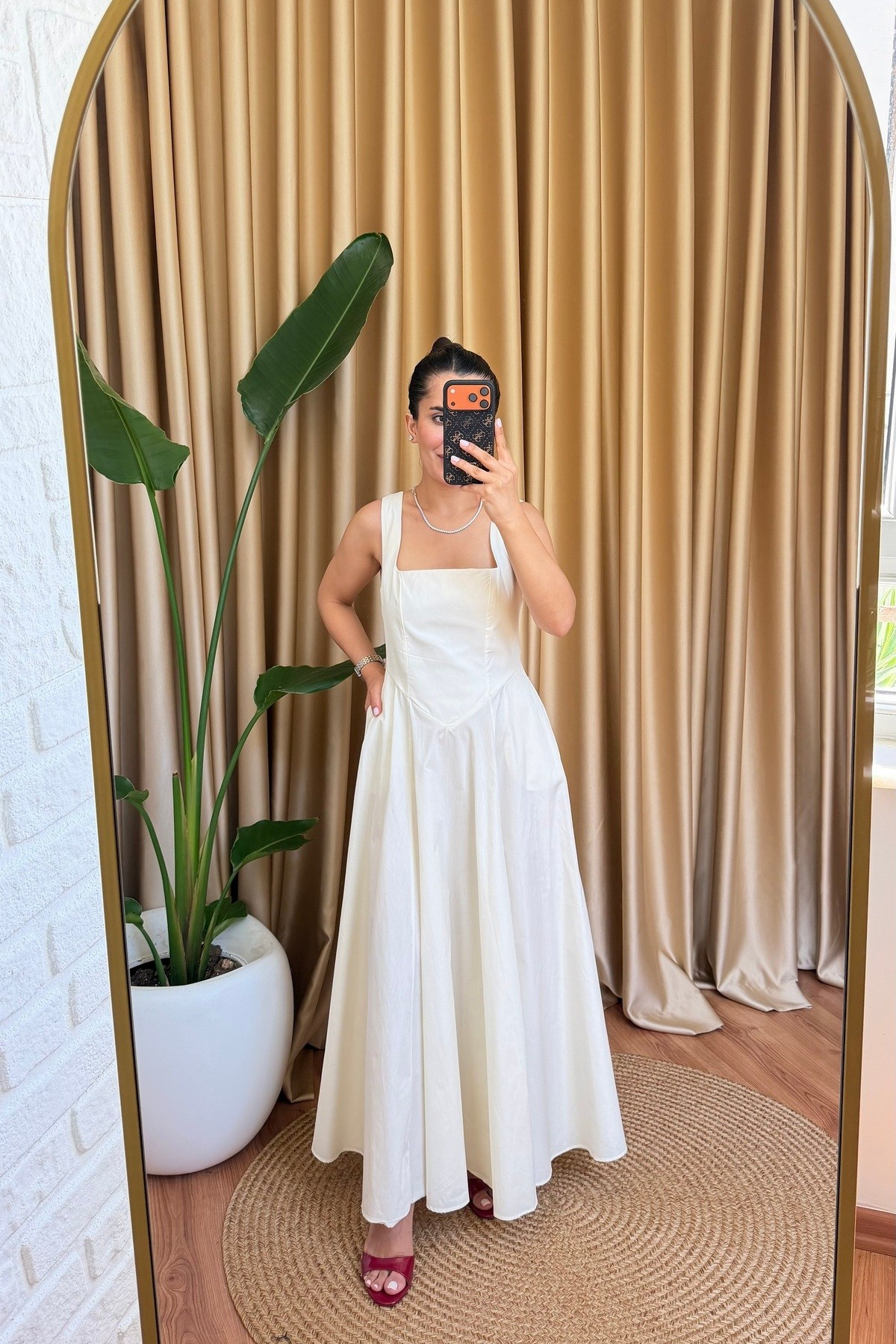 Prenses Kesim Poplin Elbise - Bej
