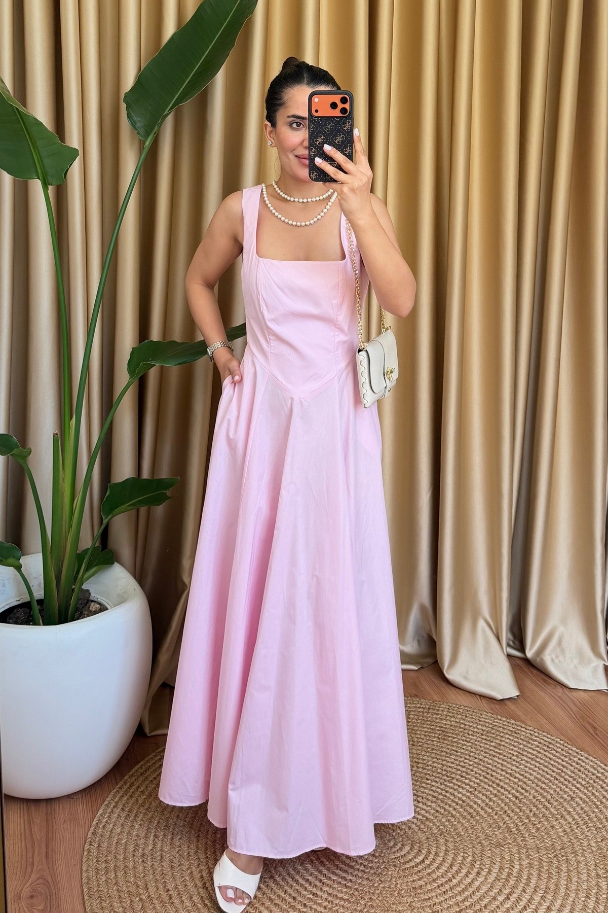 Prenses Kesim Poplin Elbise - Pembe