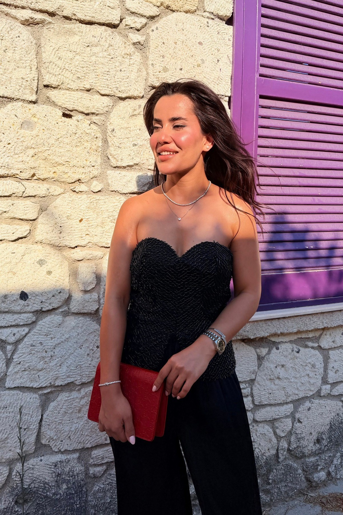 Siyah Taş İşlemeli Straplez Korse