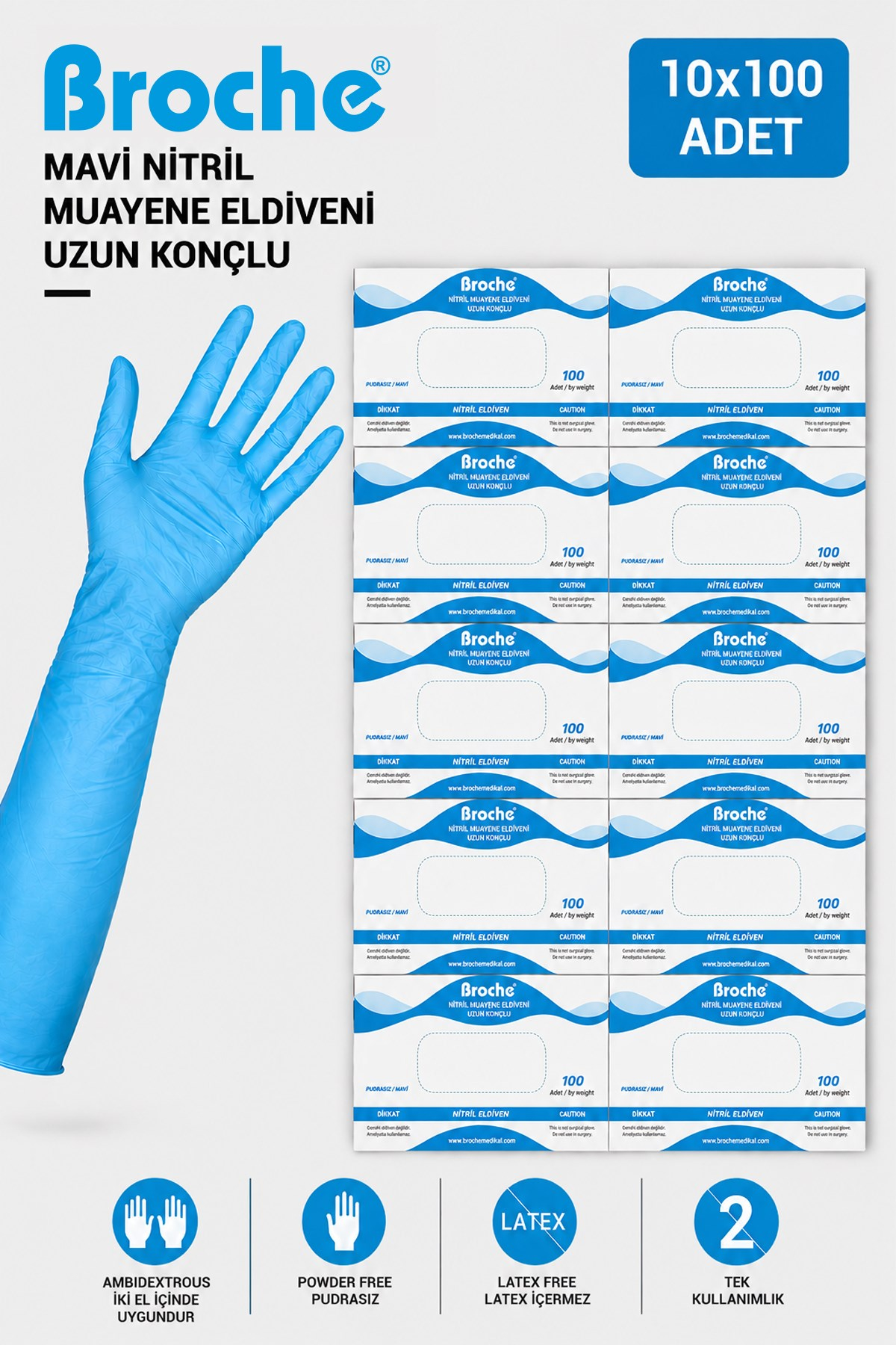 UZUN KONÇLU MAVİ NİTRİL MUAYENE ELDİVENİ 10'LU PAKET