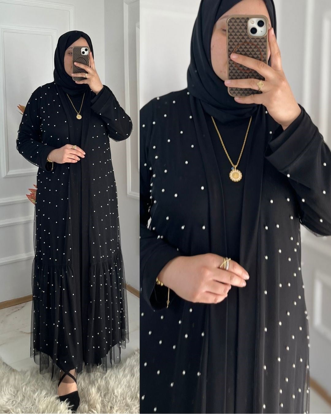 İncili Abaya Siyah 36103