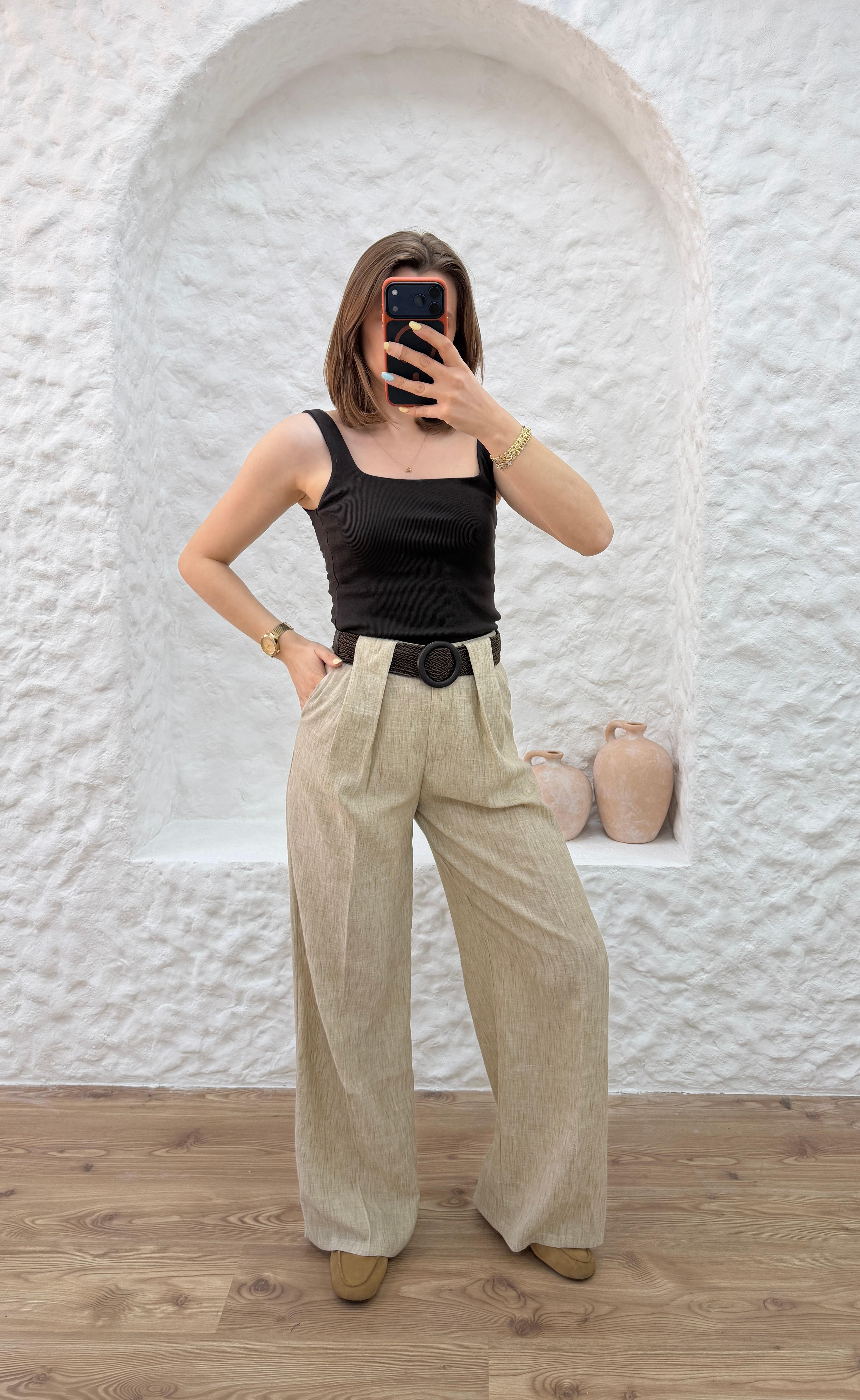 KEMERLİ KETEN PANTOLON