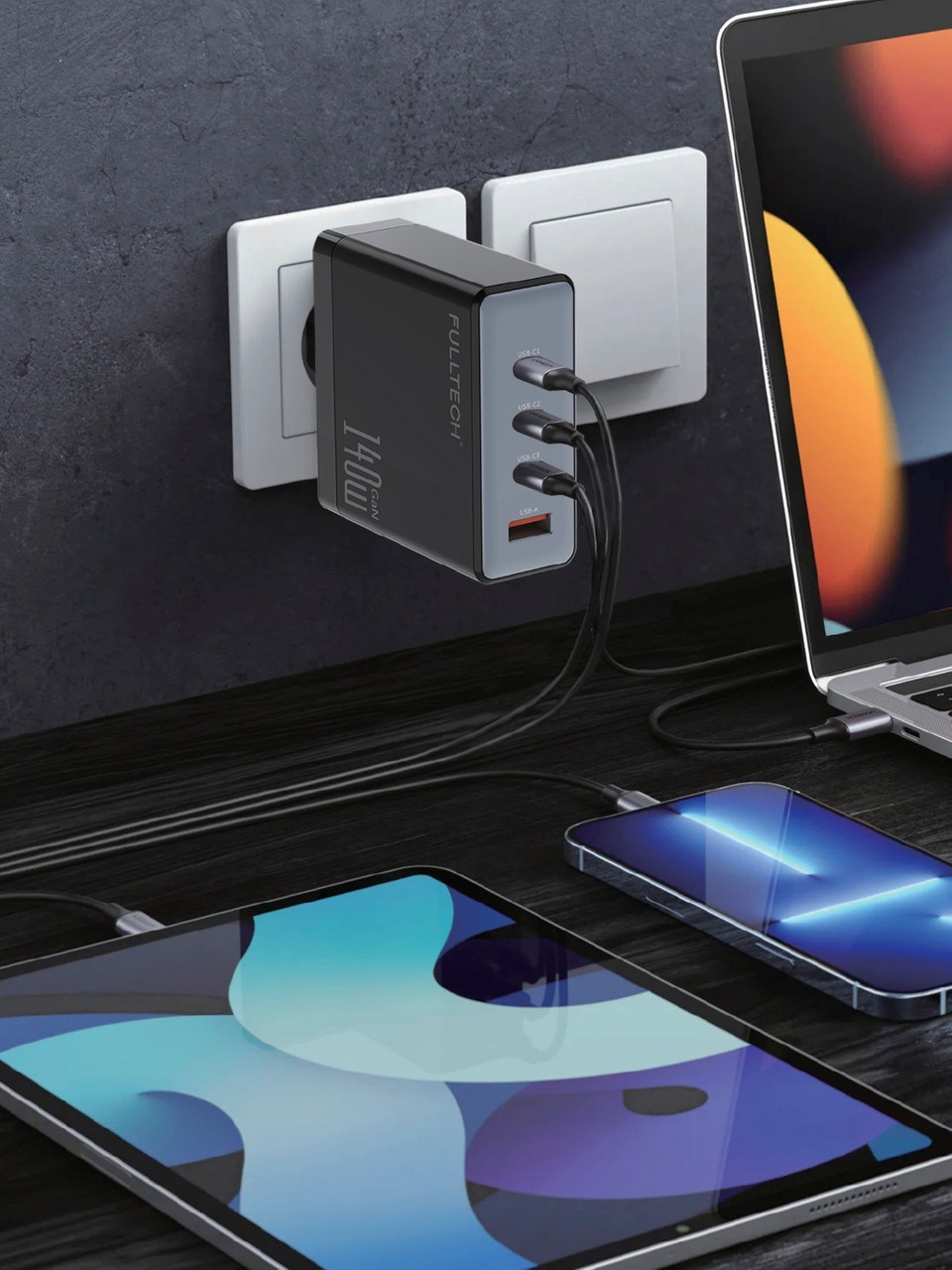 140W Gan Hızlı Şarj Adaptörü | 1x Usb-A + 3x Usb-C Port | Pd Süper Hızlı Laptop ve Telefon Şarj Cihazı