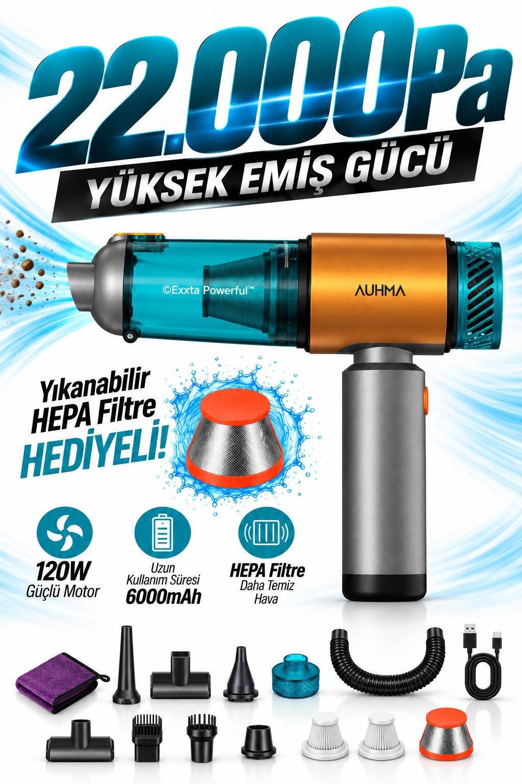 Auhma AHV-29 Kablosuz Araç Süpürgesi 220W 22000Pa Güçlü Vakum & Üfleme Özellikli Şarjlı Oto Süpürge