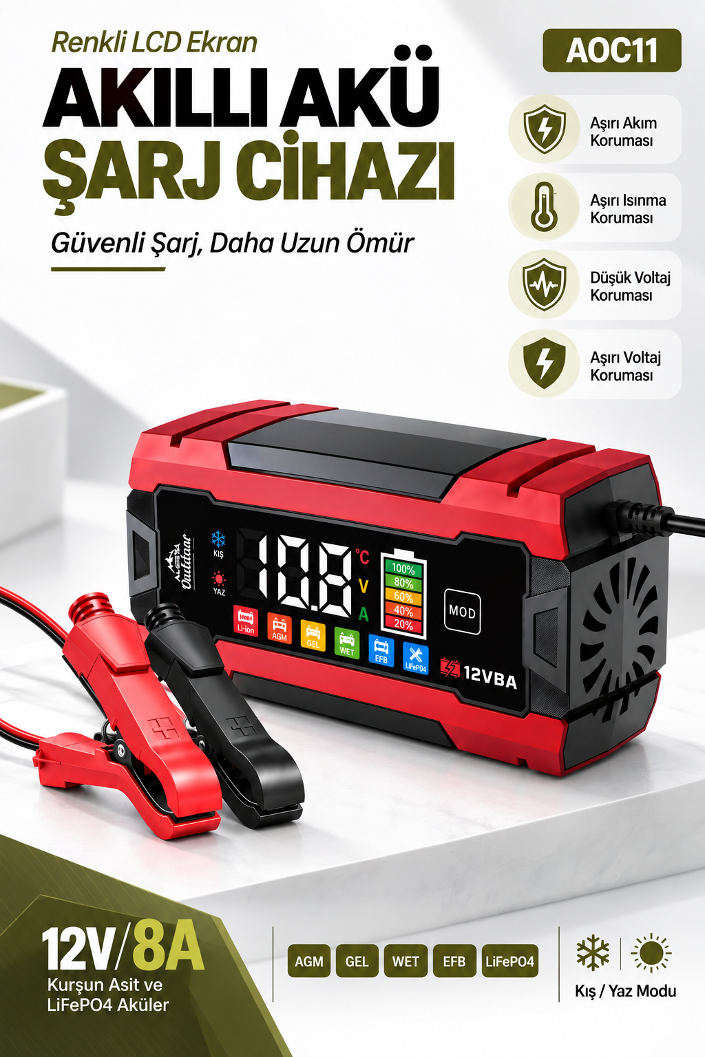 Auhma AOC11 12V 8A Akıllı Akü Şarj ve Onarım Cihazı – Renkli LCD Ekran, Pulse Repair, LiFePO4 / AGM / GEL Uyumlu