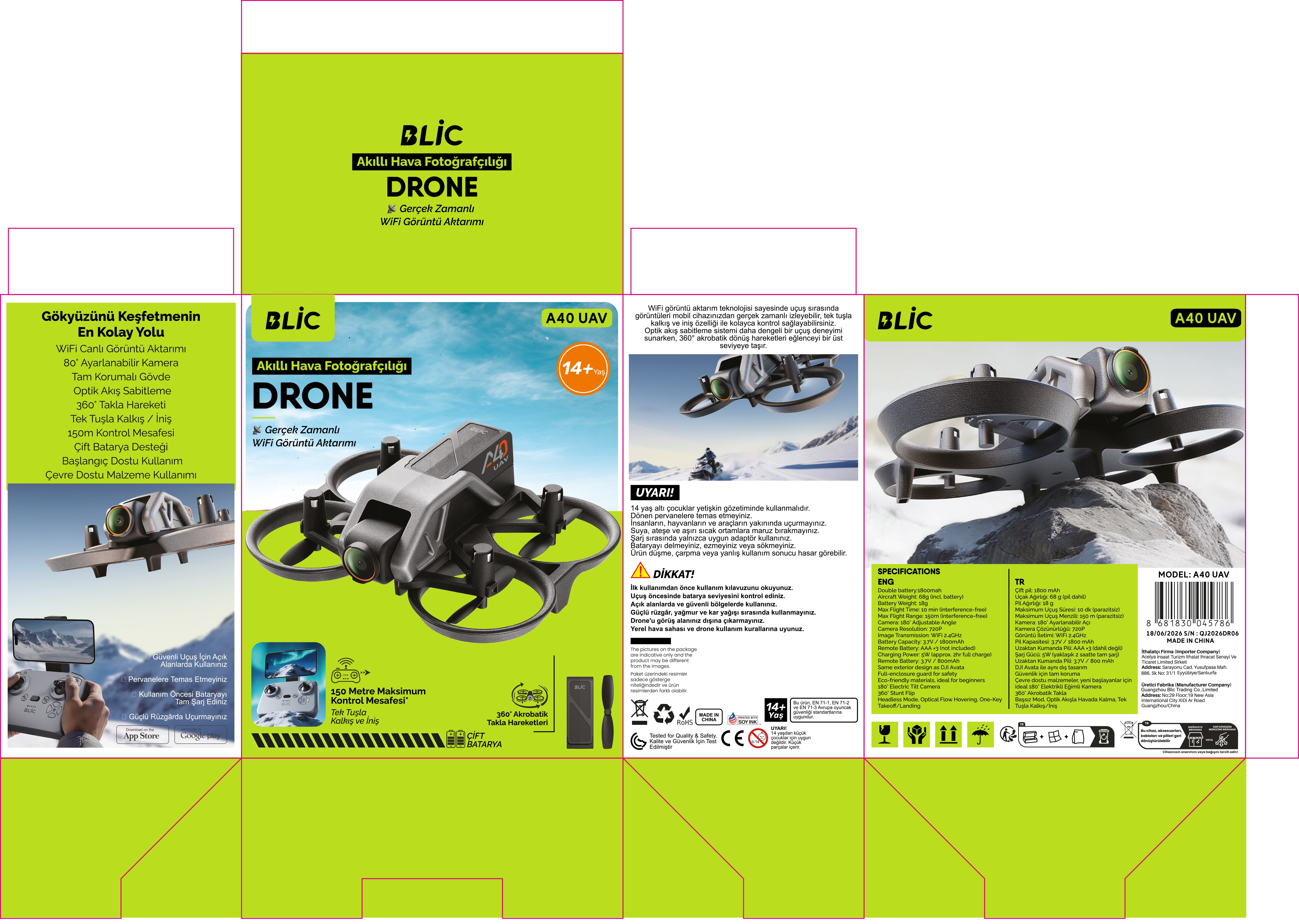 Blic A40 Mini Drone Çift Bataryalı Wi-Fi Kameralı 150m Menzilli Tek Tuşla Kalkış İniş 360° Takla