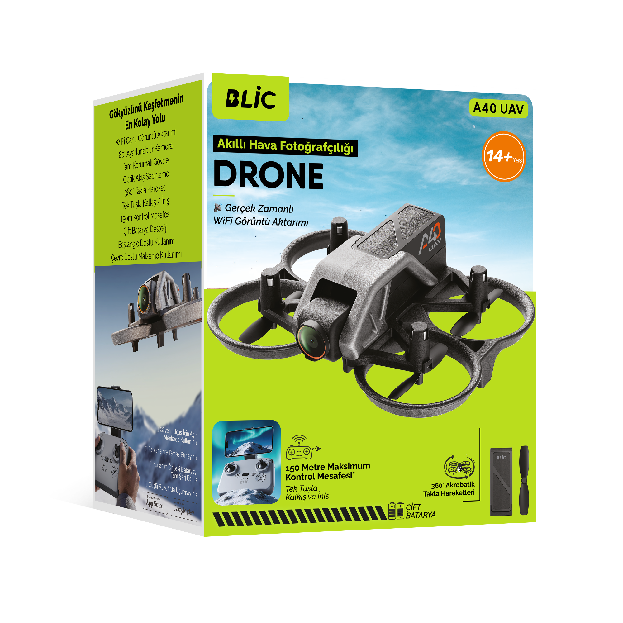 Blic A40 Mini Drone Çift Bataryalı Wi-Fi Kameralı 150m Menzilli Tek Tuşla Kalkış İniş 360° Takla