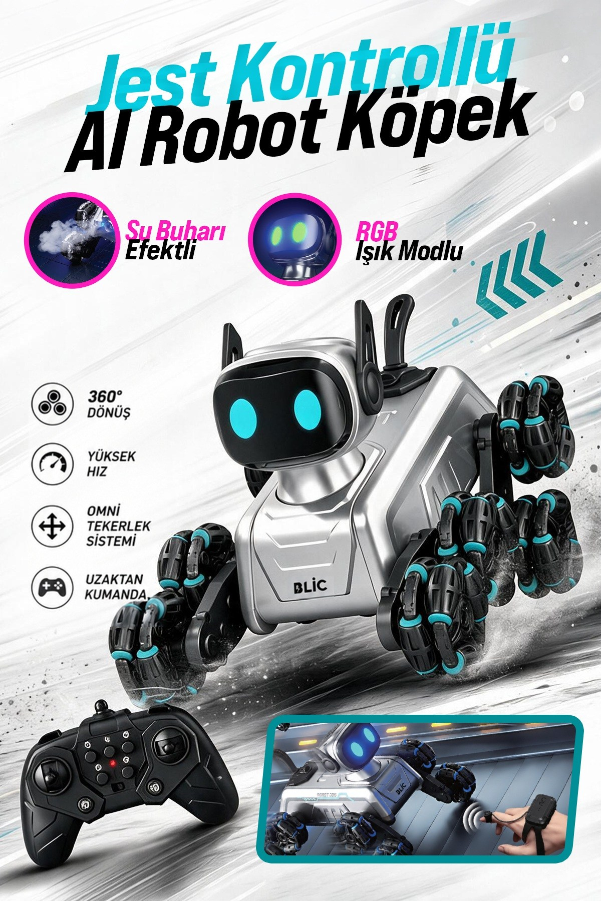 BLIC BRB2 AI Akıllı Robot Köpek – Uzaktan Kumandalı, Jest ve Ses Kontrollü, 360° Akrobatik Hareketli, RGB Işıklı, Sesli ve Buhar Efektli Şarjlı Oyuncak