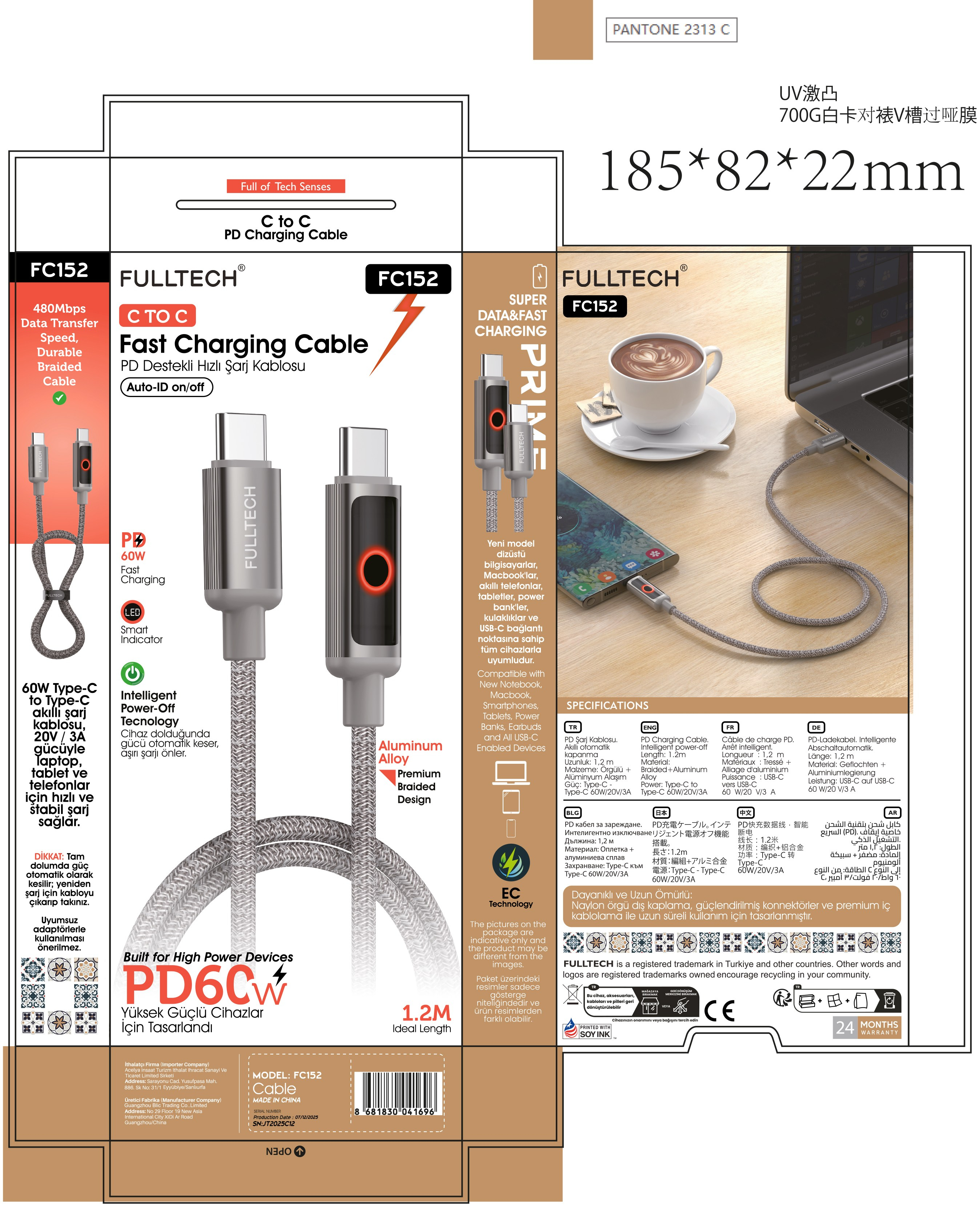 Fulltech FC152 Type-C to Type-C PD 60W Hızlı Şarj Kablosu – 1.2 Metre, 480Mbps Veri Transferi, LED Göstergeli, Örgü Kablo, Alüminyum Başlıklı