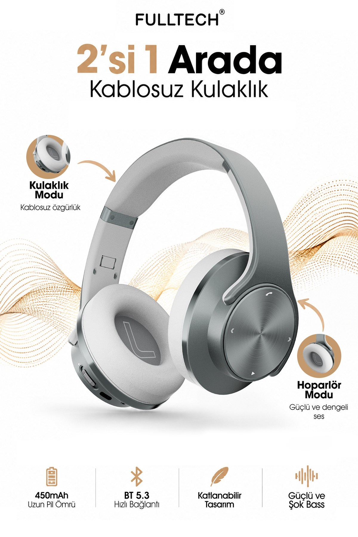 Fulltech FH-07 2'si 1 Arada Bluetooth 5.3 Kablosuz Kulaklık ve Hoparlör Siyah – 3W Çift Hoparlör, IPX4, Katlanabilir Tasarım
