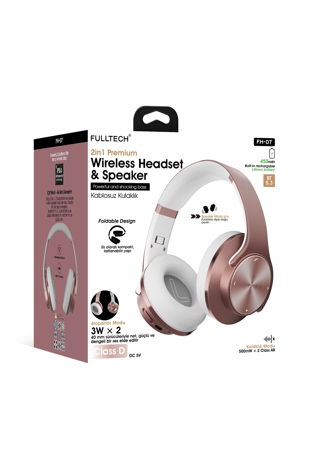 Fulltech FH-07 2'si 1 Arada Bluetooth 5.3 Kablosuz Kulaklık ve Hoparlör Siyah – 3W Çift Hoparlör, IPX4, Katlanabilir Tasarım