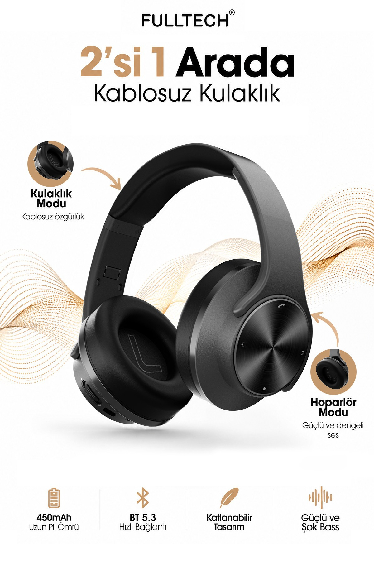 Fulltech FH-07 2'si 1 Arada Bluetooth 5.3 Kablosuz Kulaklık ve Hoparlör Siyah – 3W Çift Hoparlör, IPX4, Katlanabilir Tasarım