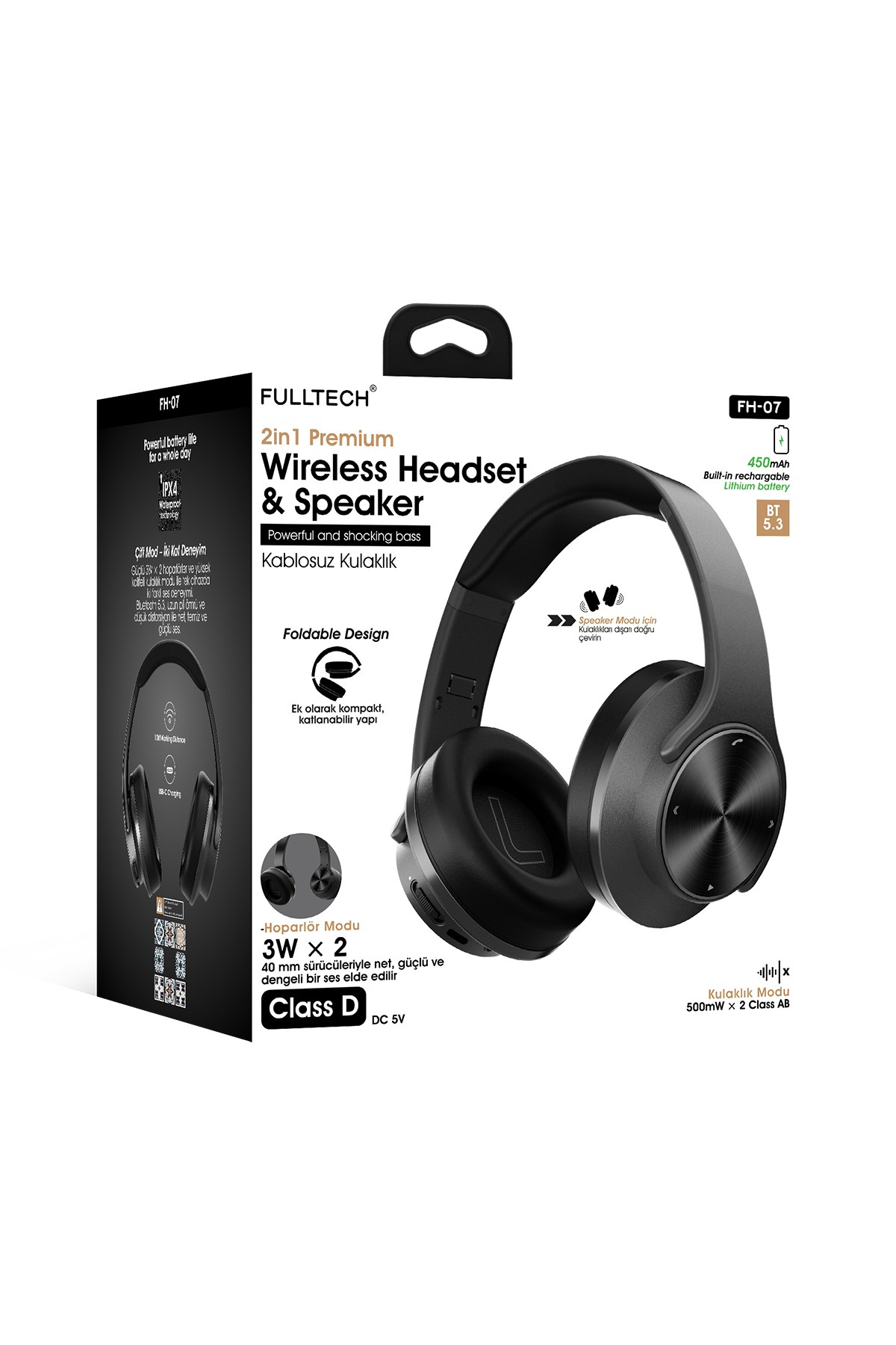 Fulltech FH-07 2'si 1 Arada Bluetooth 5.3 Kablosuz Kulaklık ve Hoparlör Siyah – 3W Çift Hoparlör, IPX4, Katlanabilir Tasarım