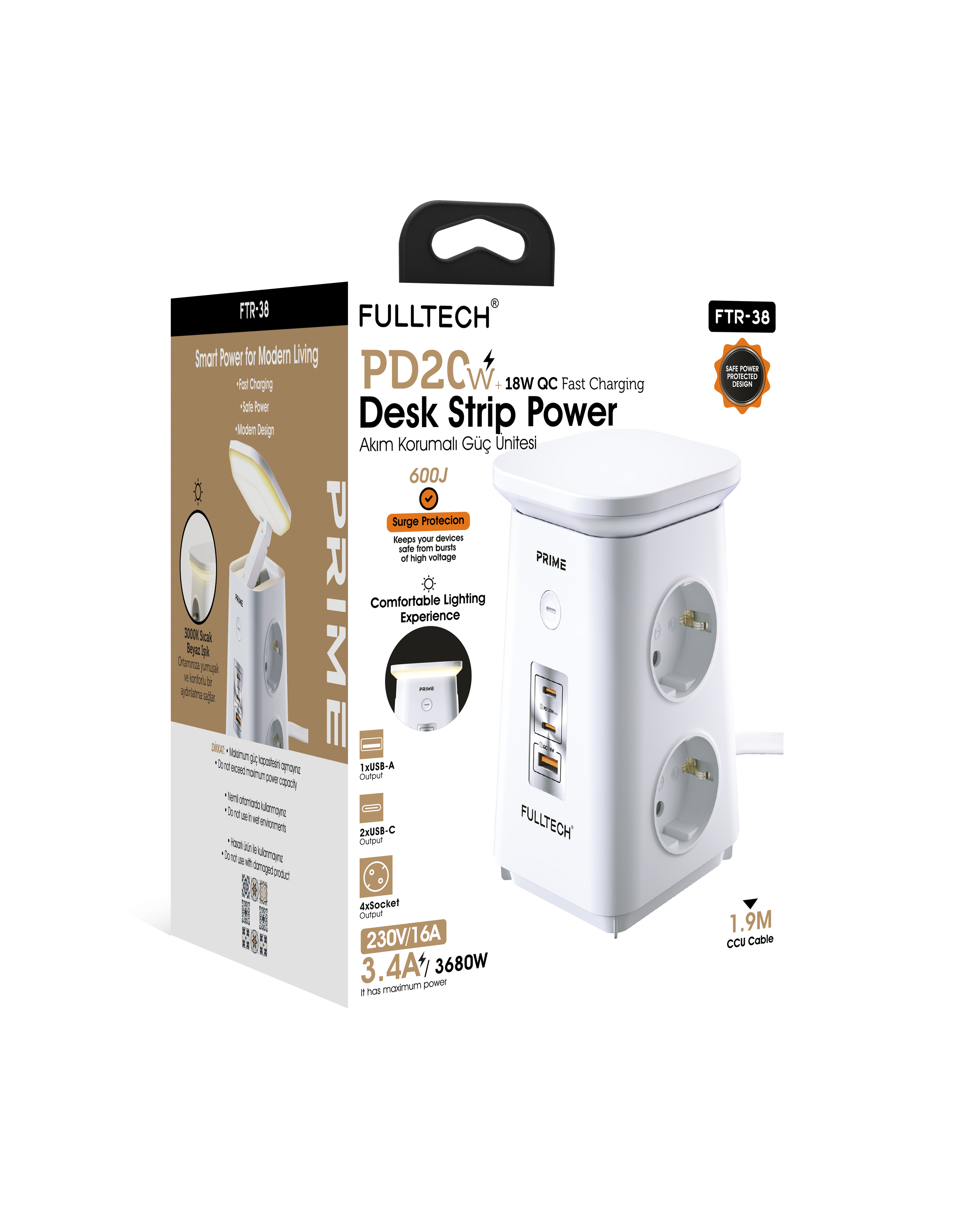 Fulltech FTR-38 600J Akım Korumalı 4'lü Priz – 20W PD Hızlı Şarj, USB-A ve 2 x USB-C Çıkışlı, Katlanabilir Gece Lambalı Güç Ünitesi