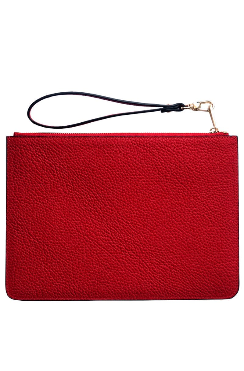 Deri Clutch Çanta El Saplı Kırmızı Togo