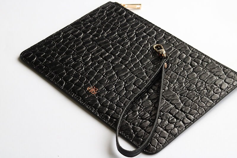 Deri Clutch Çanta El Saplı Siyah Baby Croco
