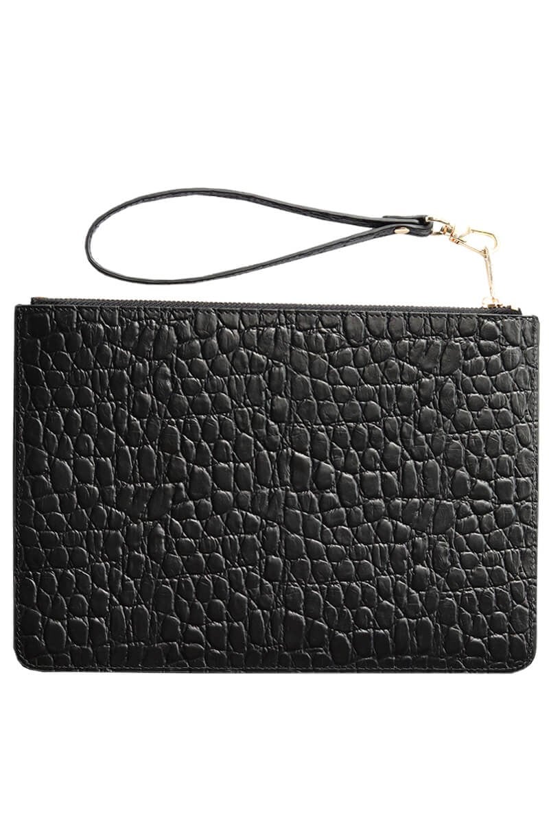 Deri Clutch Çanta El Saplı Siyah Baby Croco