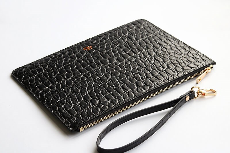 Deri Clutch Çanta El Saplı Siyah Baby Croco