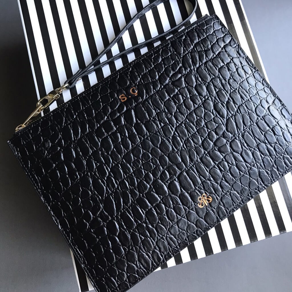 Deri Clutch Çanta El Saplı Siyah Baby Croco