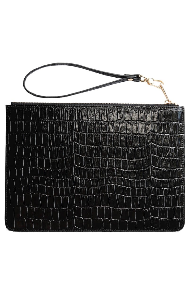 Deri Clutch Çanta El Saplı Siyah Croco