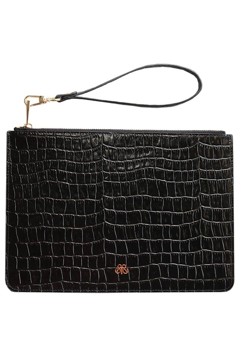 Deri Clutch Çanta El Saplı Siyah Croco