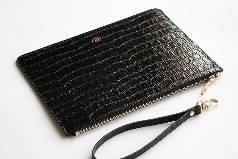 Deri Clutch Çanta El Saplı Siyah Croco