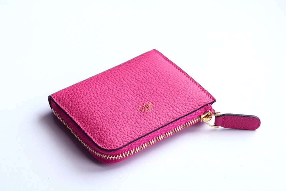 Deri Fermuarlı Mini Cüzdan Fuşya Togo
