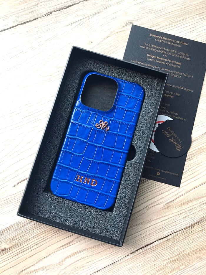 Deri iPhone Kılıf 13 Mini Saks Mavi croco