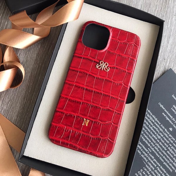 Deri iPhone Kılıf 13 Pro Kırmızı Croco Full Deri