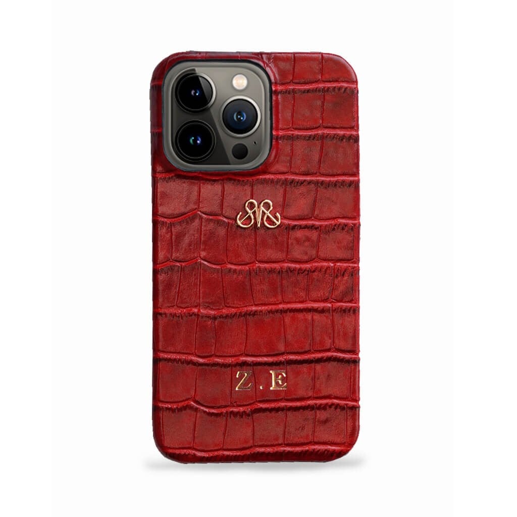 Deri iPhone Kılıf 13 Pro Max Kırmızı Croco Full Deri