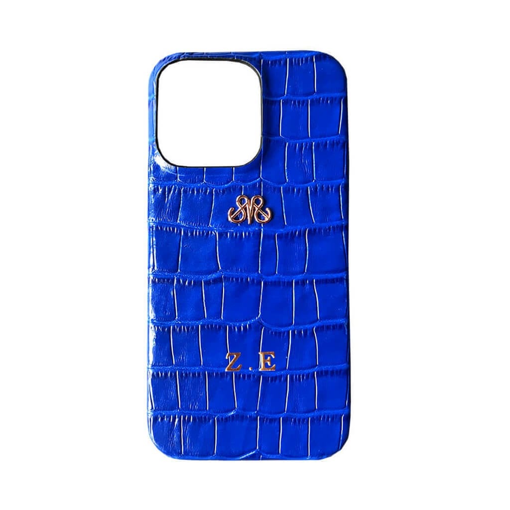 Deri iPhone Kılıf 13 Pro Saks Mavi Croco Full Deri
