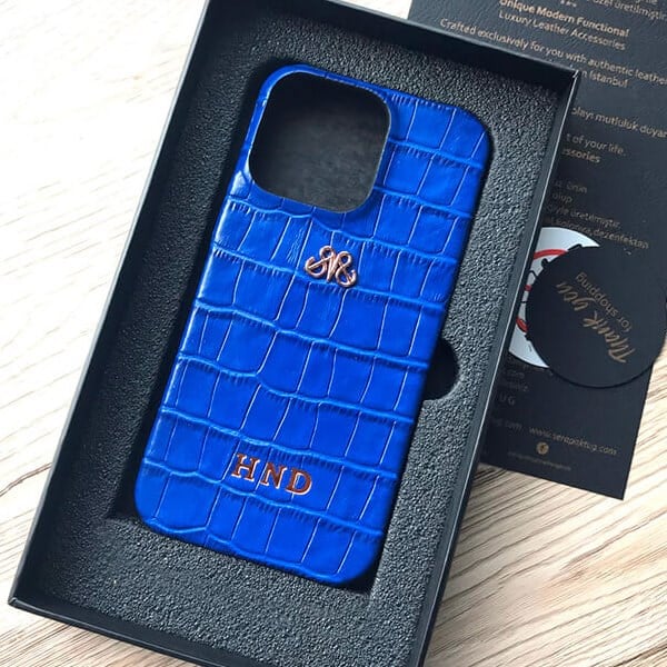 Deri iPhone Kılıf 13 Pro Saks Mavi Croco Full Deri