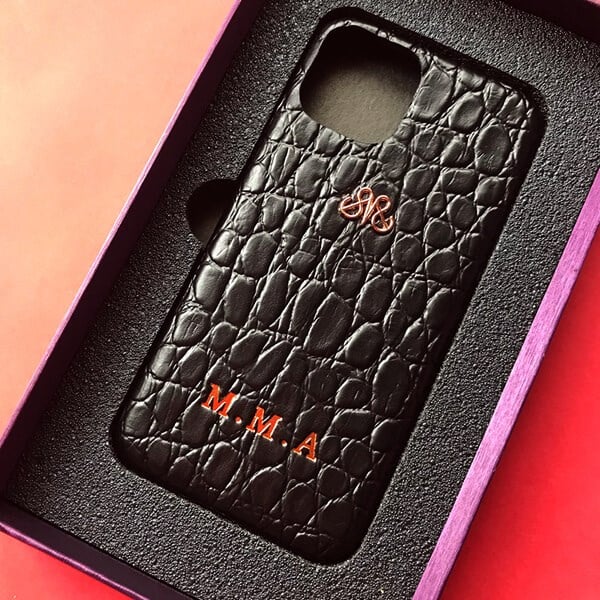Deri iPhone Kılıf 13 Pro Siyah Baby Croco Full Deri