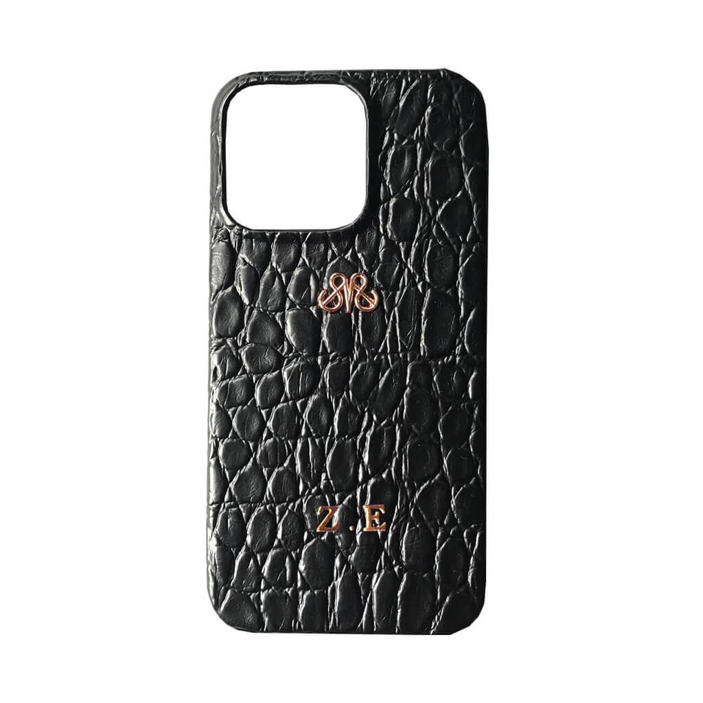 Deri iPhone Kılıf 13 Pro Siyah Baby Croco Full Deri