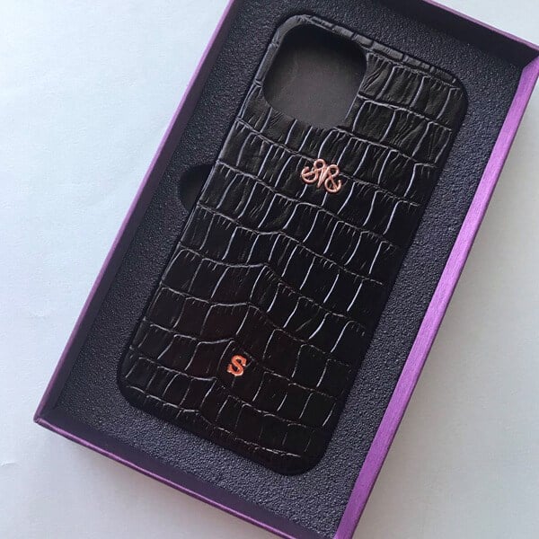 Deri iPhone Kılıf 13 Pro Siyah Croco Full Deri