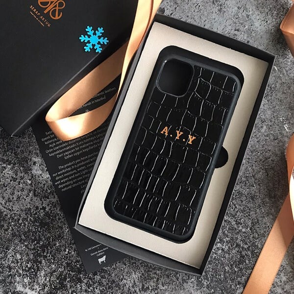 Deri iPhone Kılıf 14- iPhone Kılıf 13 Siyah Croco
