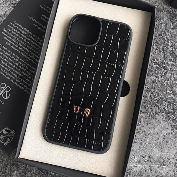 Deri iPhone Kılıf 14- iPhone Kılıf 13 Siyah Croco
