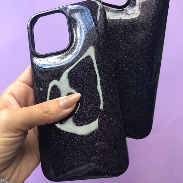 Deri iPhone Kılıf 14-13 Simli Mor Rugan Full Deri