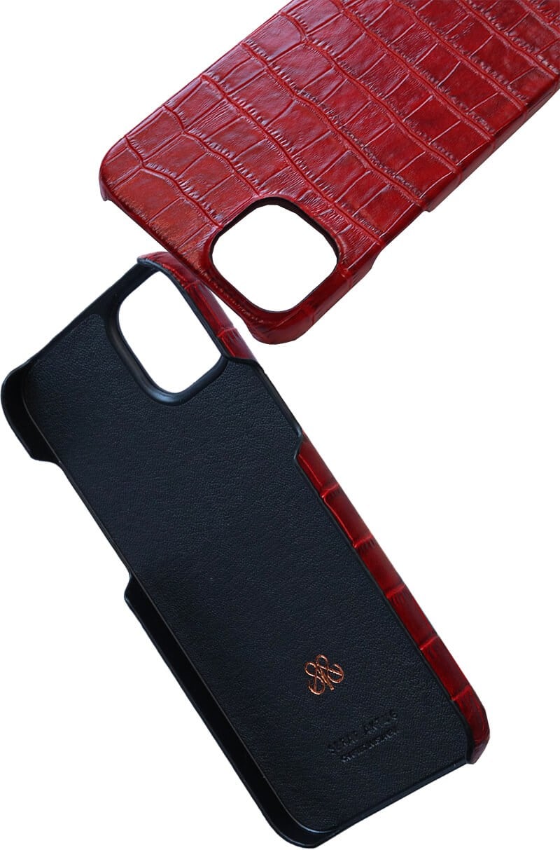 Deri iPhone Kılıf 14 Plus Kırmızı Croco Full Deri