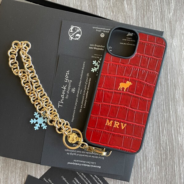 Deri iPhone Kılıf 14 Plus Kırmızı Croco