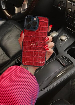 Deri iPhone Kılıf 14 Plus Kırmızı Croco