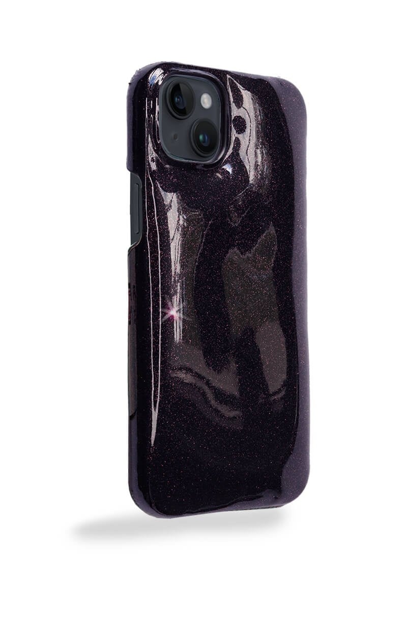 Deri iPhone Kılıf 14 Plus Simli Mor Rugan Full Deri